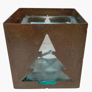 Rustic Metal Christmas Tree Candle Holder Glass Insert Holiday Luminary